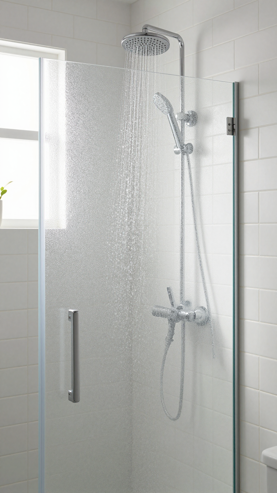 Frameless textured glass shower door with rainfall showerhead
