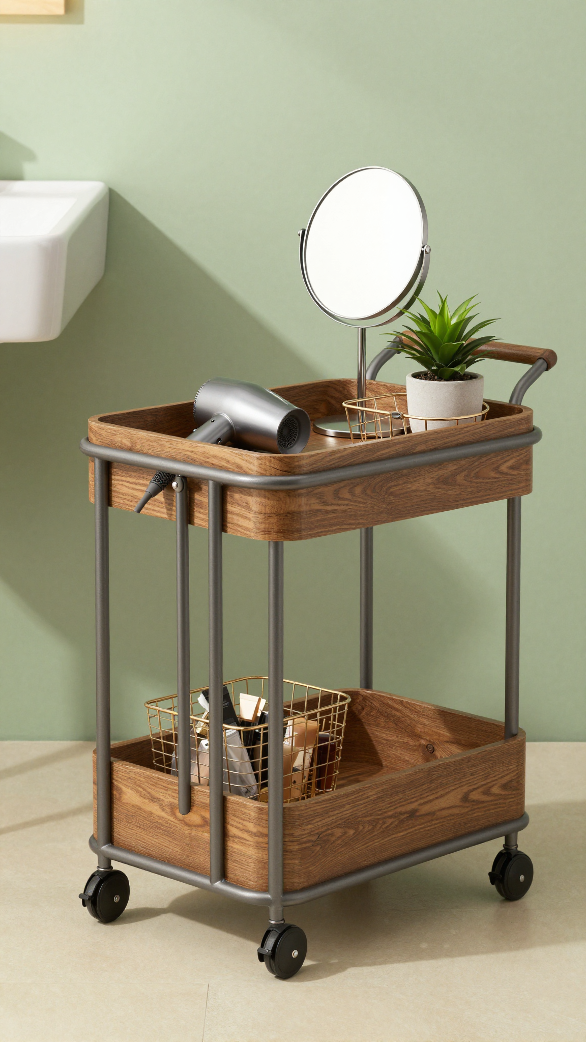 Slim rolling cart with wooden top holding hair tools and toiletries