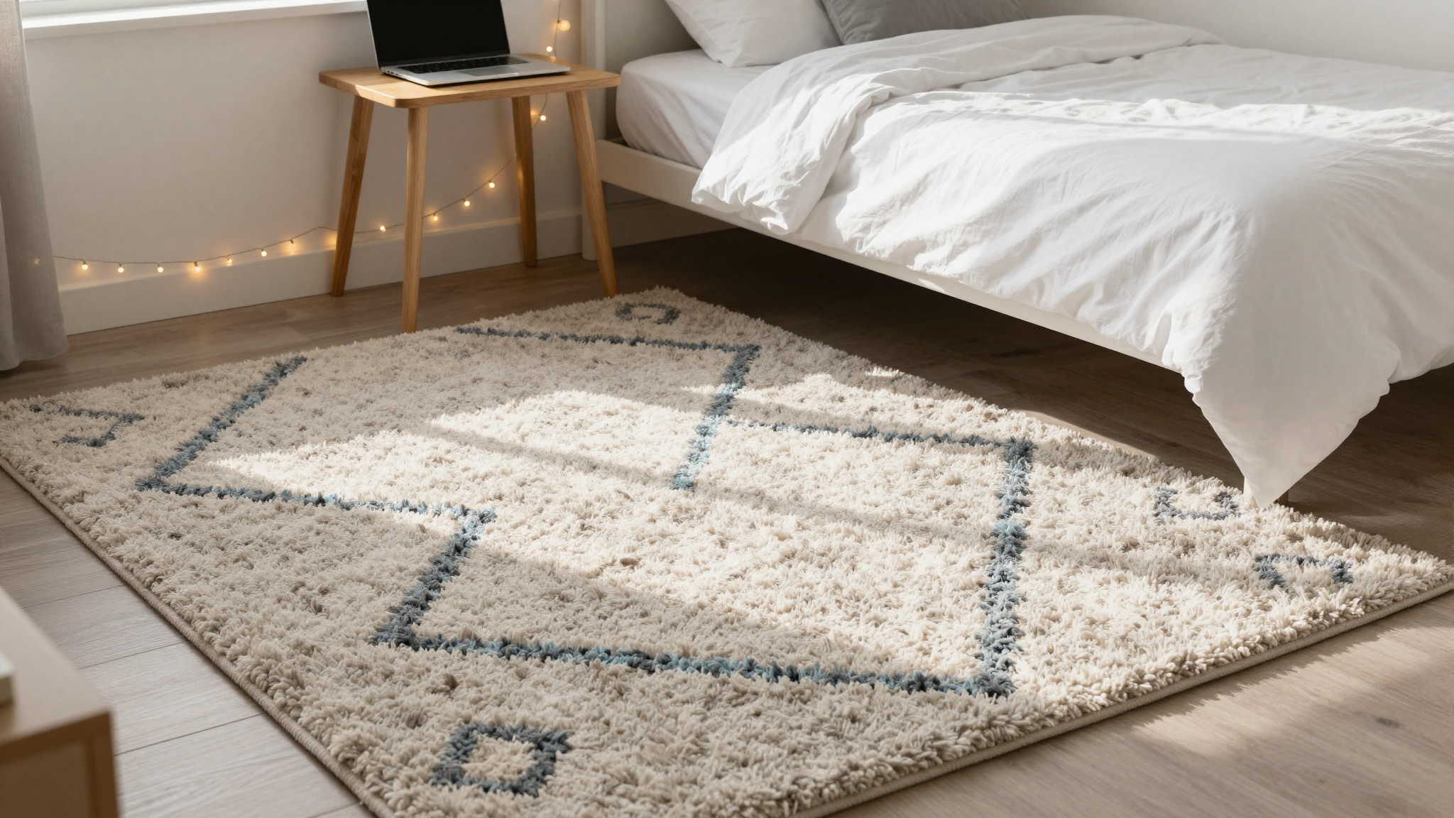 Cozy dorm room corner with a plush shag rug and modern geometric rug layered underneath, featuring a twin bed and wooden desk with warm lighting