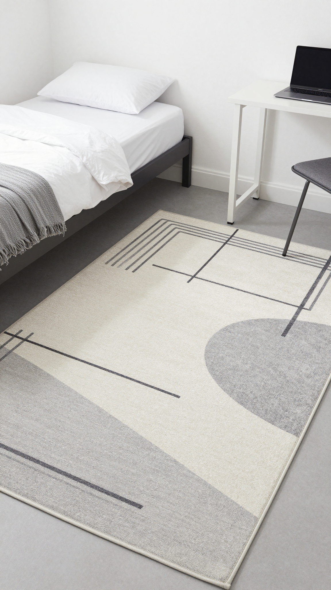 Abstract geometric jute rug in soft gray and cream in a modern dorm room