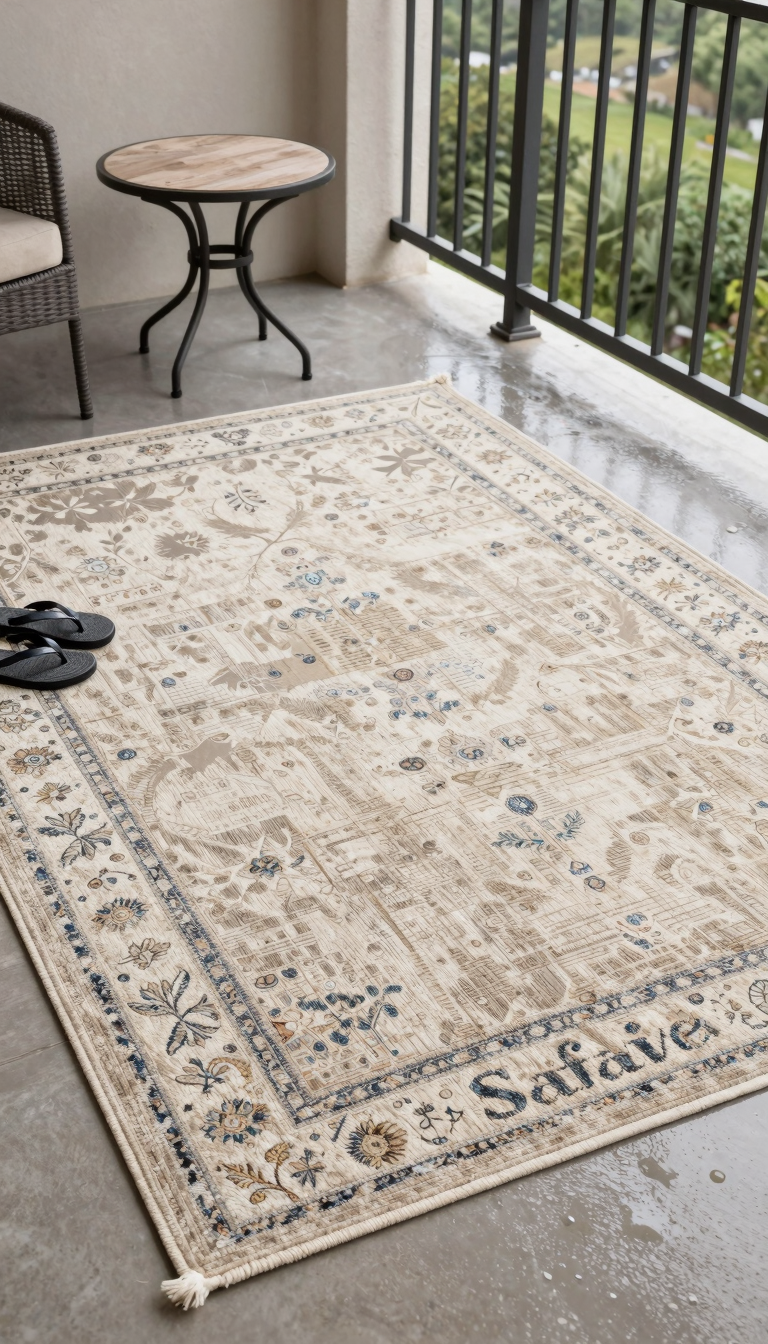 Outdoor/indoor rug in neutral tones on a dorm balcony with a small table and chairs
