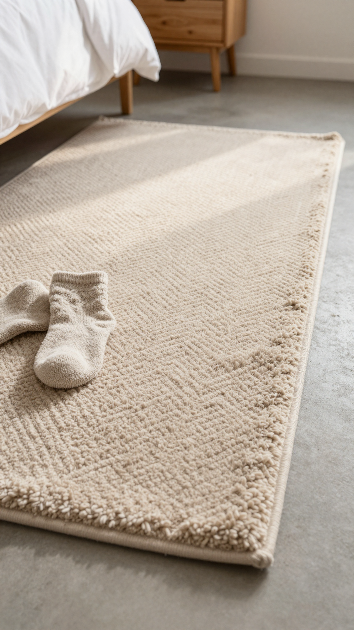 Close-up of a plush beige shag rug with thick fibers and a slight curl at the edge