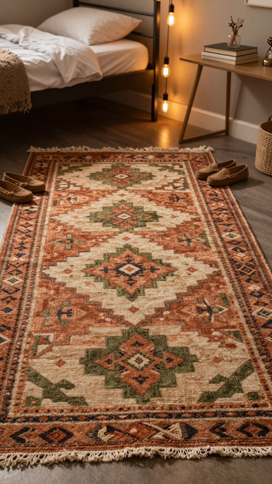 Moroccan trellis jute rug with geometric pattern in terracotta and olive green