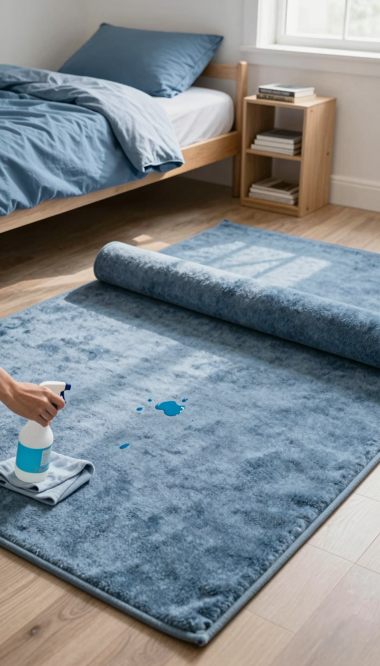 Washable rug with a removable top layer in soft blue, showing a spill and cleaning supplies nearby