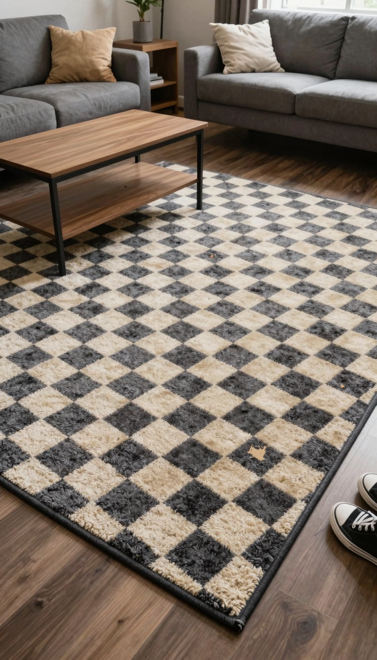 Charcoal and cream diamond pattern rug in a dorm lounge with a couch and coffee table