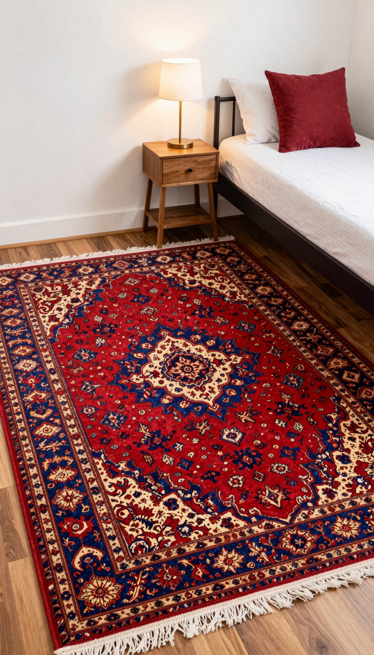 Vintage Persian rug with rich reds and blues in a dorm room with white walls