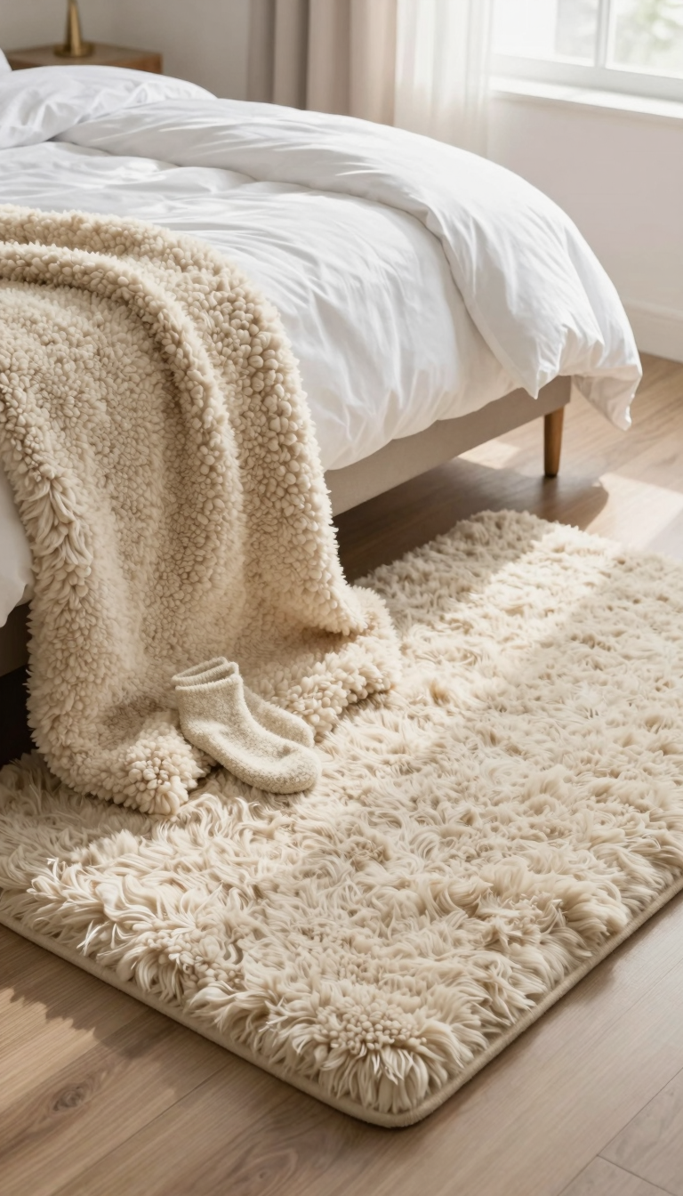 Faux sheepskin rug in neutral beige at the foot of a twin bed with fuzzy socks nearby