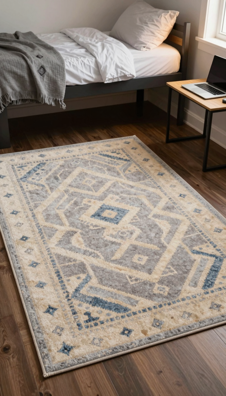 Geometric pattern rug in muted tones under a loft bed in a dorm room