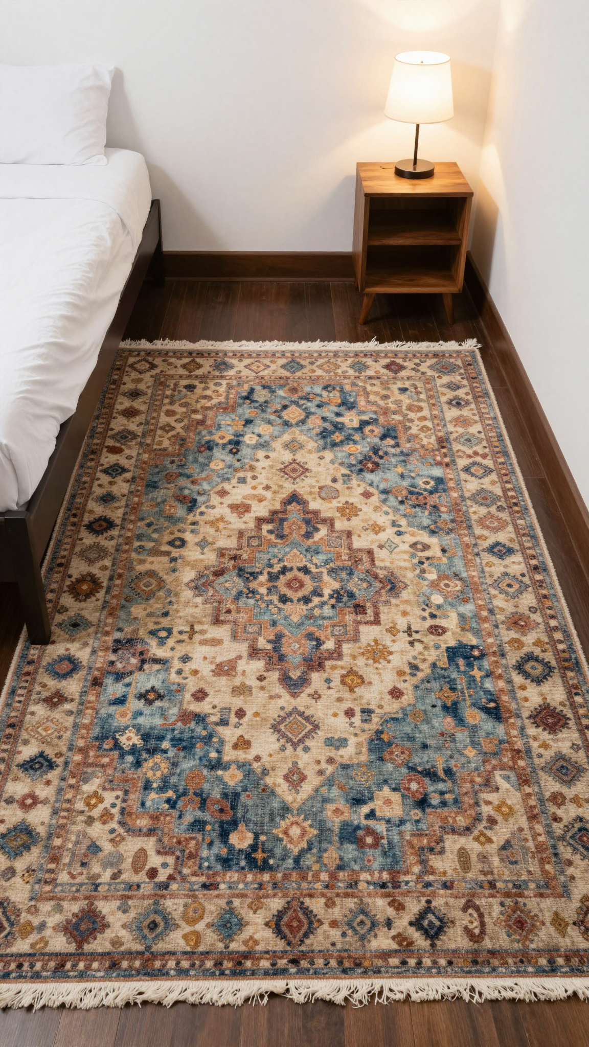 Vintage-inspired rug with muted jewel tones in a dorm room with white walls