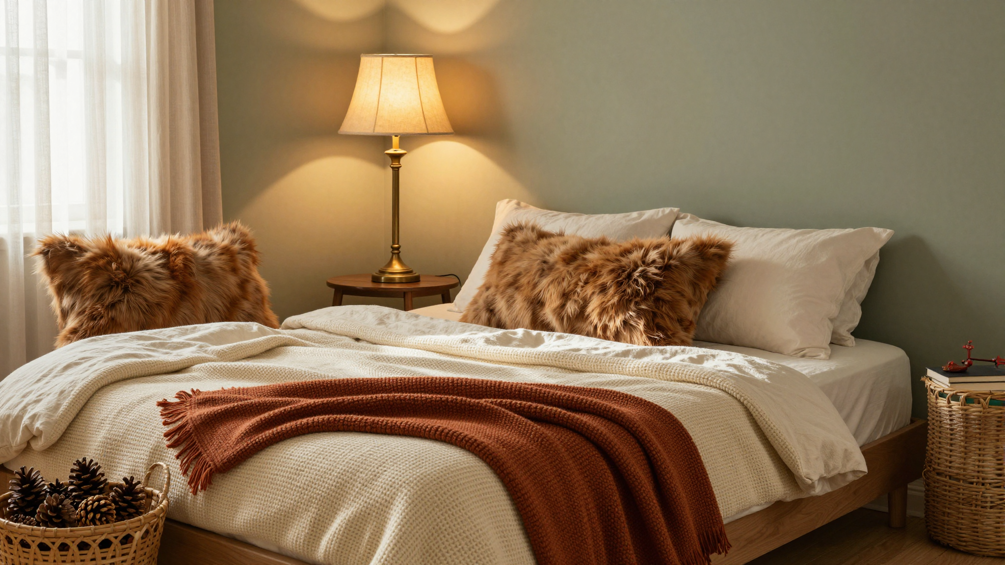 Cozy fall bedroom with chunky throw blanket, faux fur pillow, and warm lighting