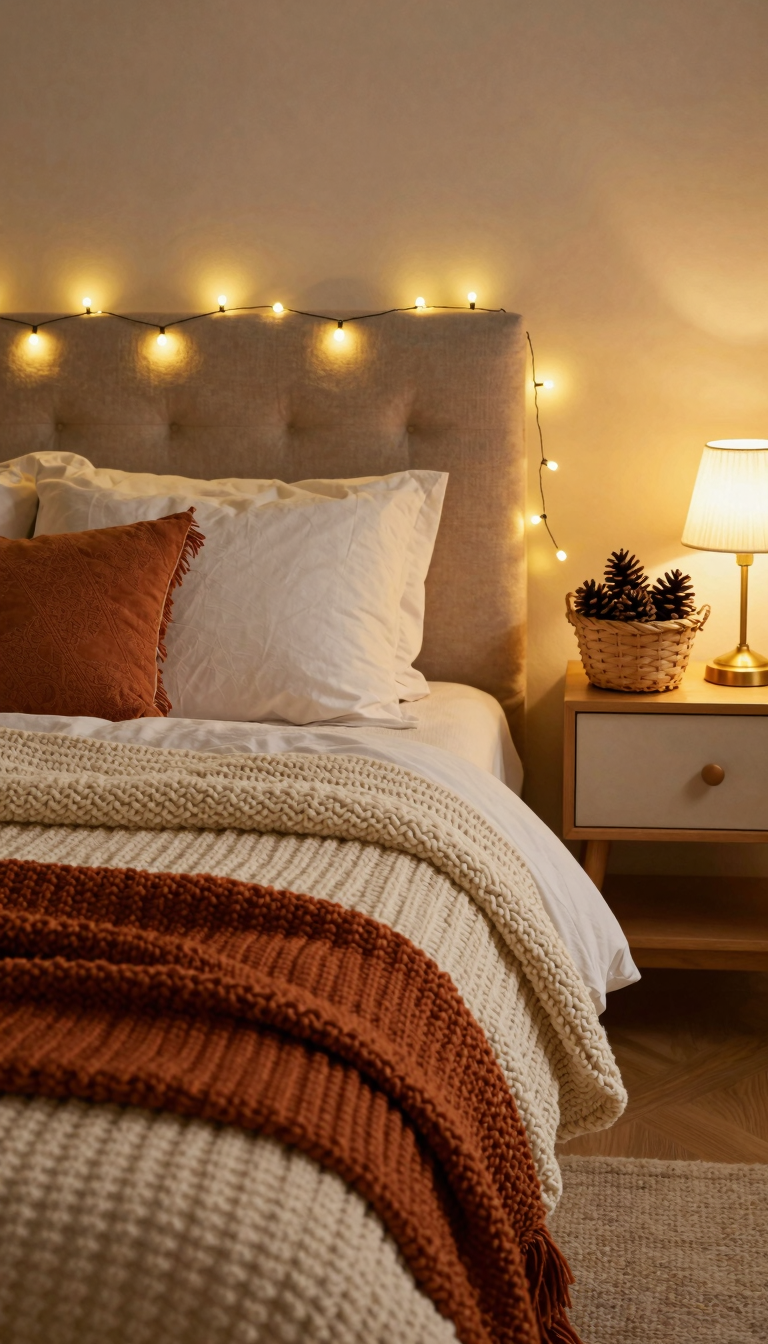 Battery-operated fairy lights wrapped around a headboard with warm lighting