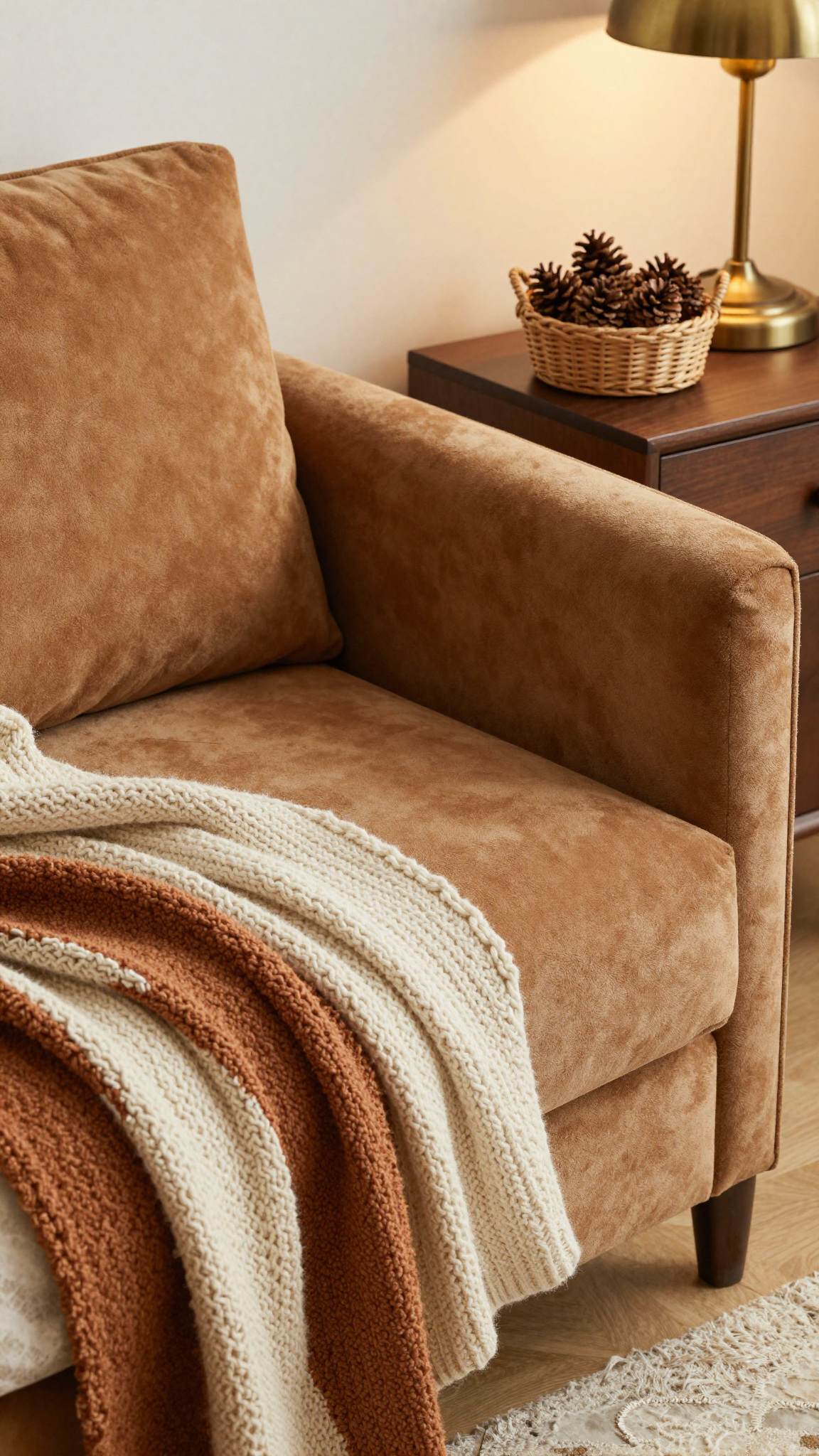 Faux fur accent chair in caramel brown in a corner of a bedroom with a chunky throw