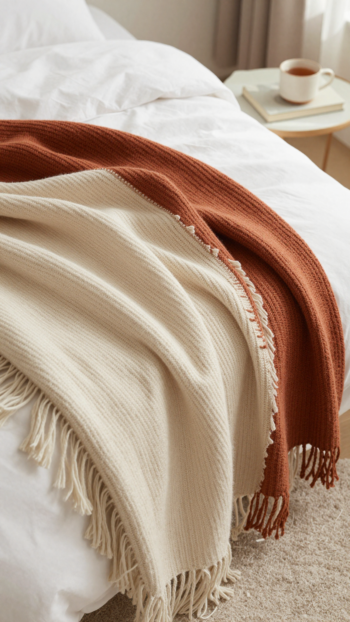 Chunky knit throw blanket draped over a bed with warm lighting
