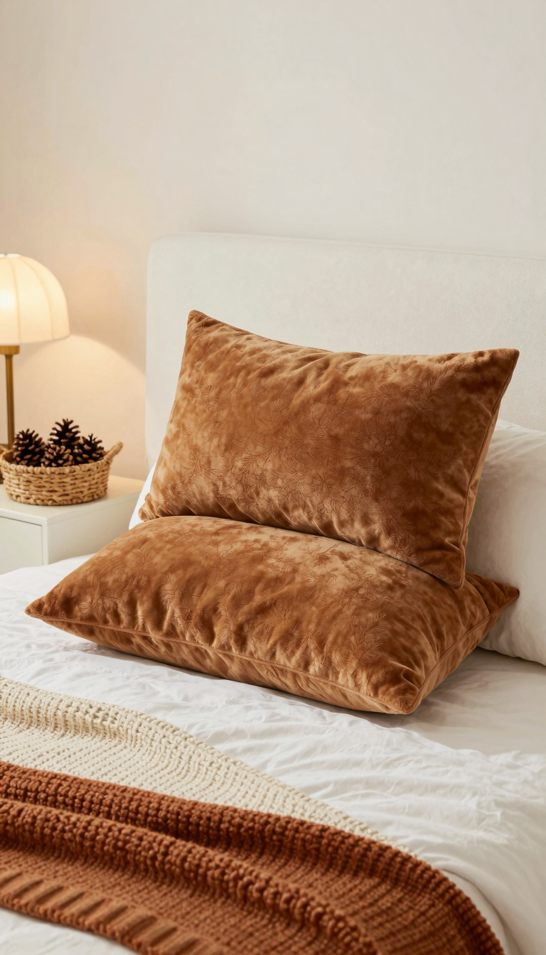 Two faux fur lumbar pillows stacked on a bed with a chunky throw