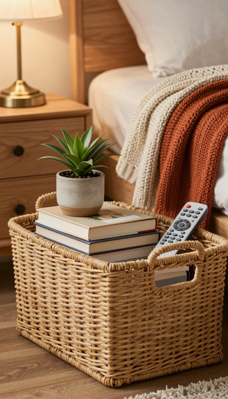 Woven rattan storage basket on a nightstand holding books and a small plant