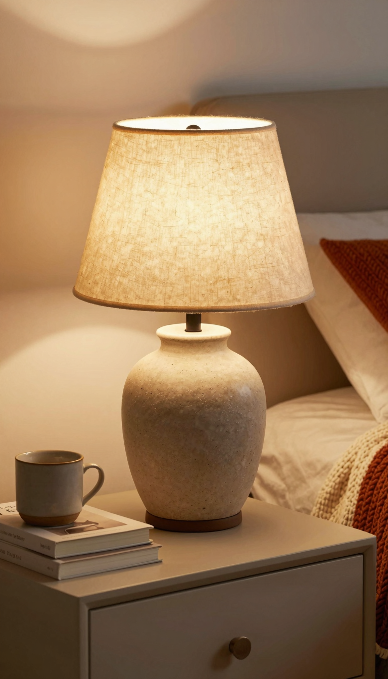 Ceramic table lamp with linen shade casting warm light on a nightstand