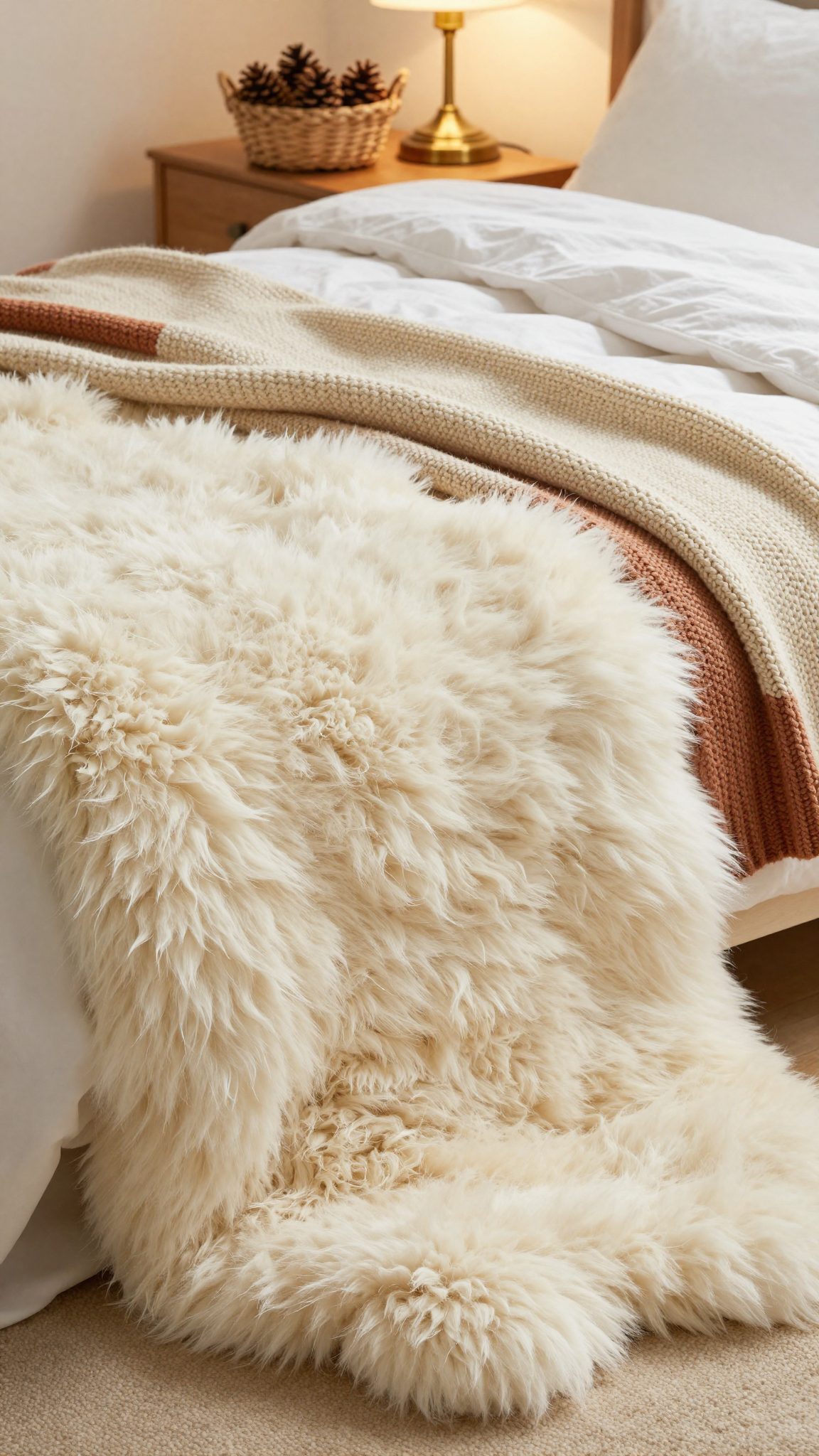 Faux sheepskin rug in ivory at the foot of a bed with a chunky throw