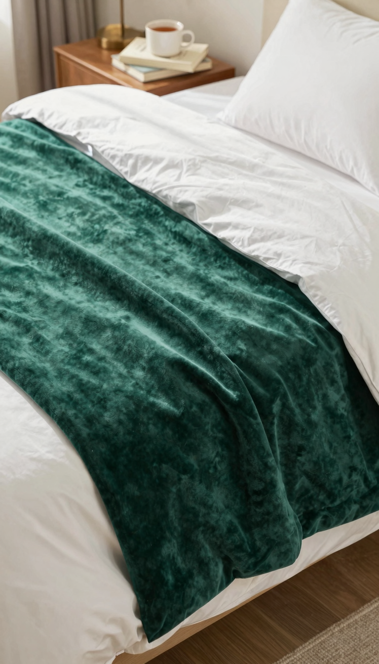 Velvet bed runner in emerald green draped over a bed with warm lighting