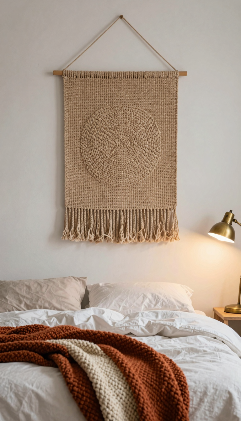 Woven jute wall hanging above a bed with a chunky throw and warm lighting