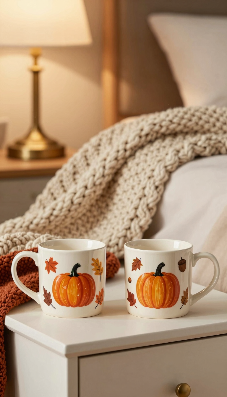 Ceramic mug set with fall-themed designs on a nightstand with a chunky throw