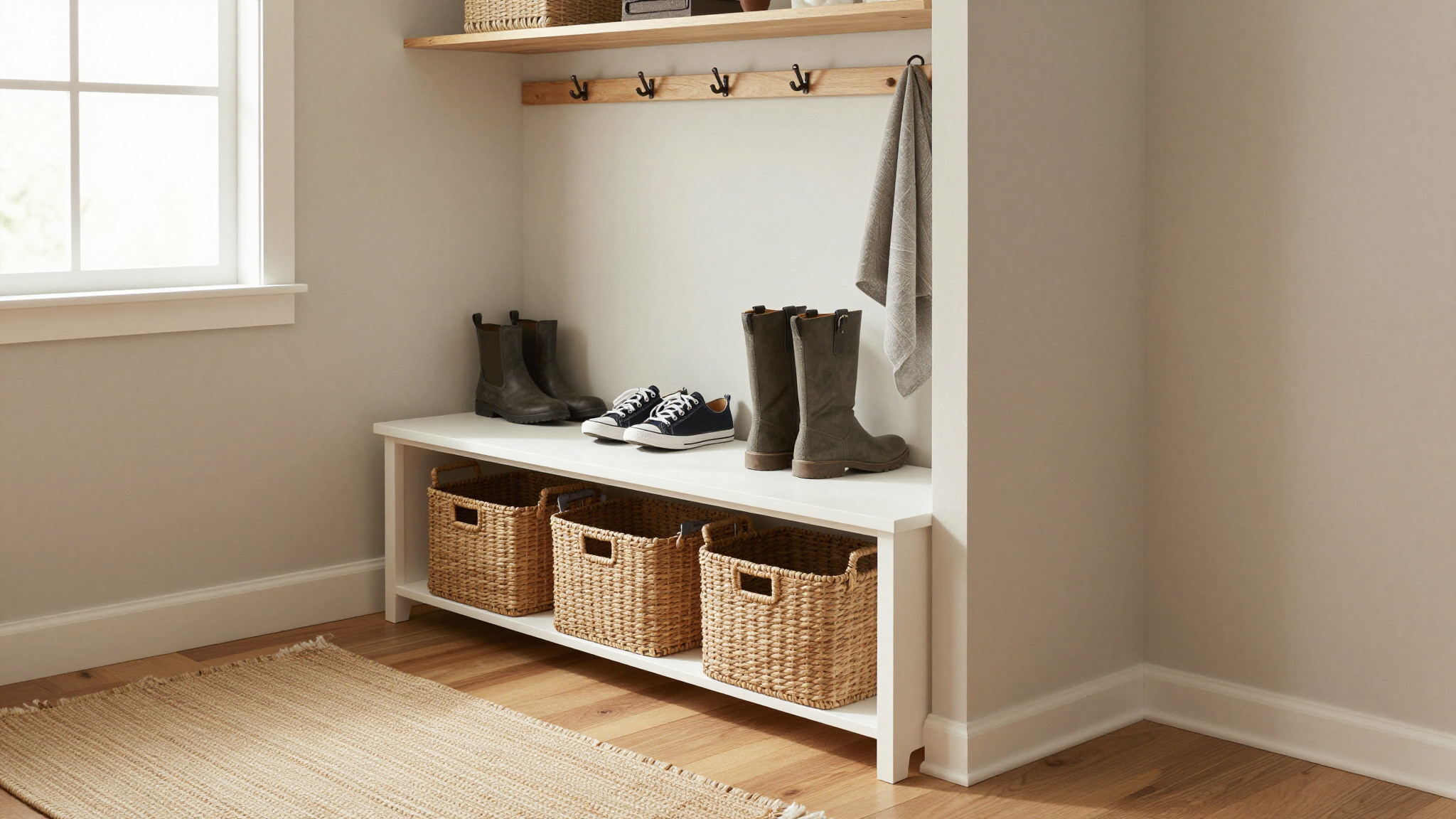 Cozy small mud room with white bench, woven baskets, and wall-mounted shoe rack holding boots and sneakers