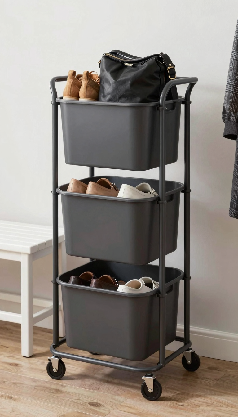 Rolling cart with removable bins holding shoes and bags in a mud room