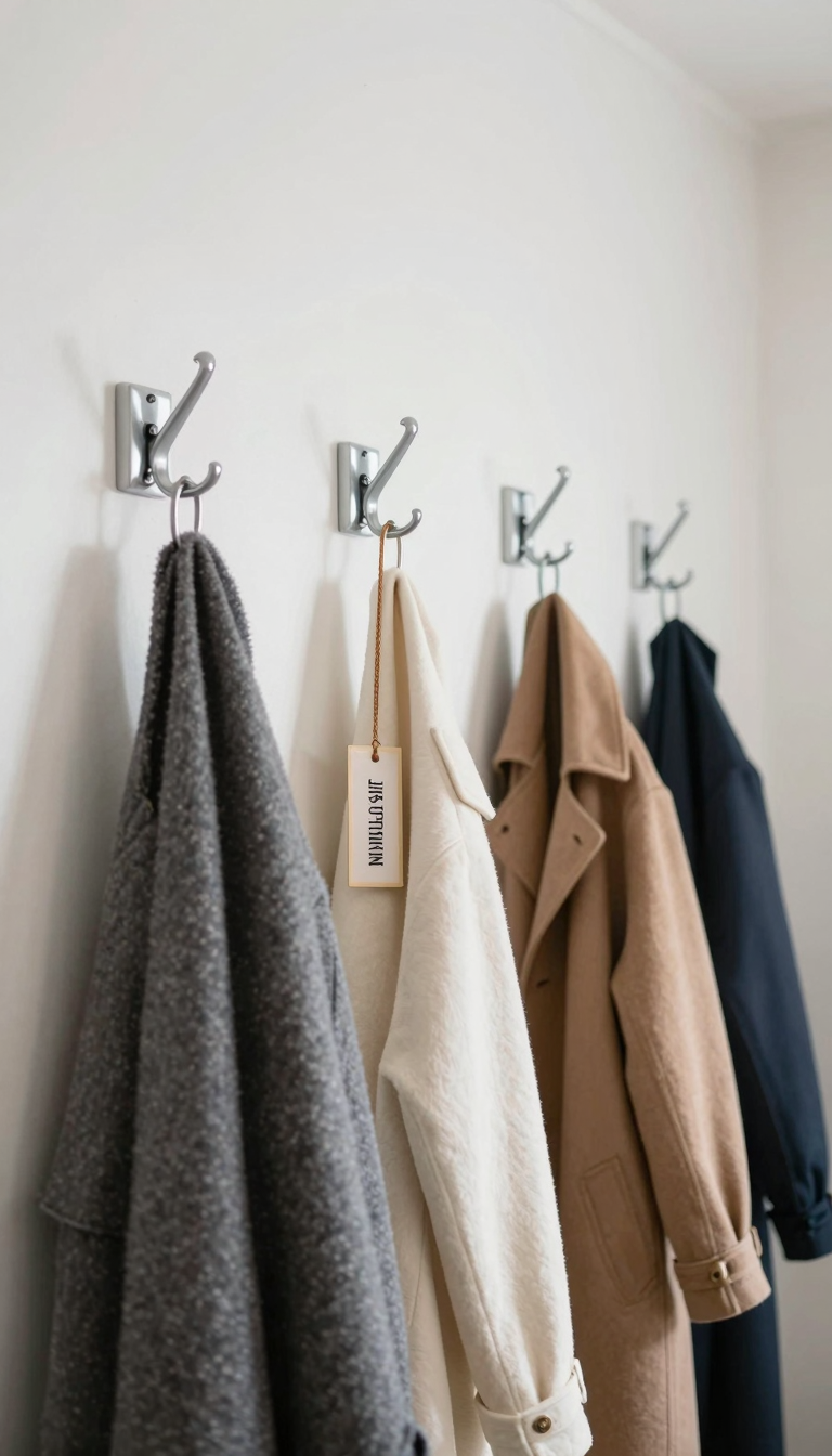 Row of wall hooks with name tags holding coats in a mud room