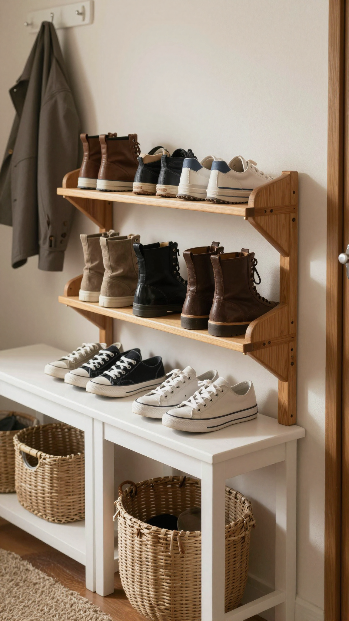 Wall-mounted wooden shoe rack holding boots and sneakers in a small mud room