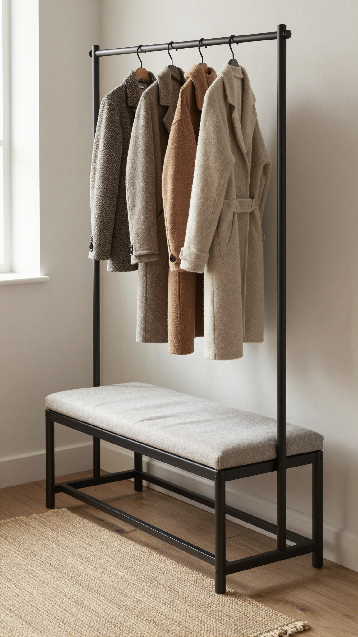 Freestanding black metal coat rack with cushioned bench seat holding coats in a mud room