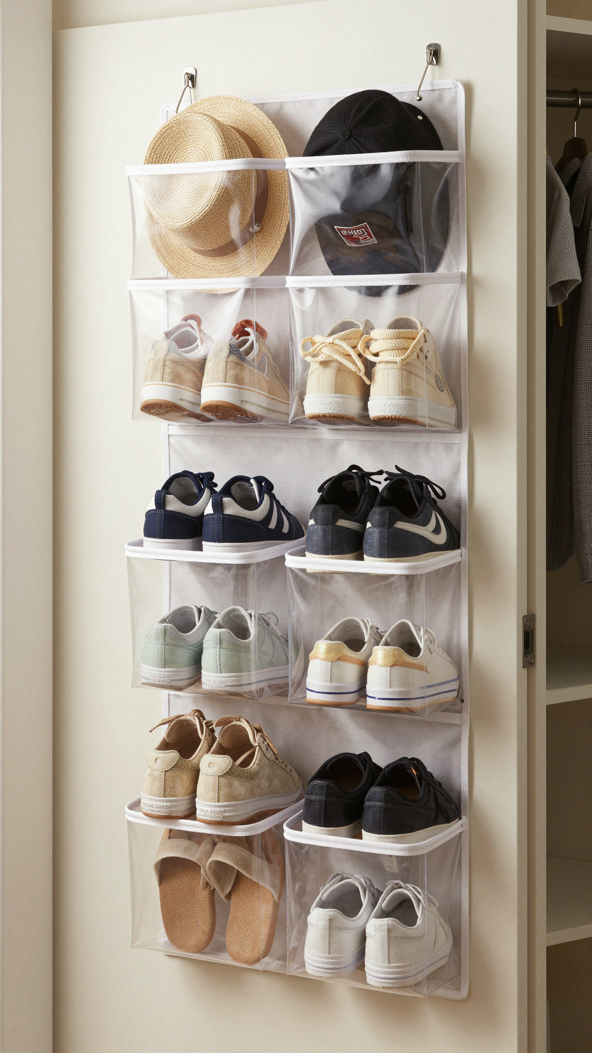 Over-the-door organizer with clear pockets holding shoes and accessories in a closet mud room