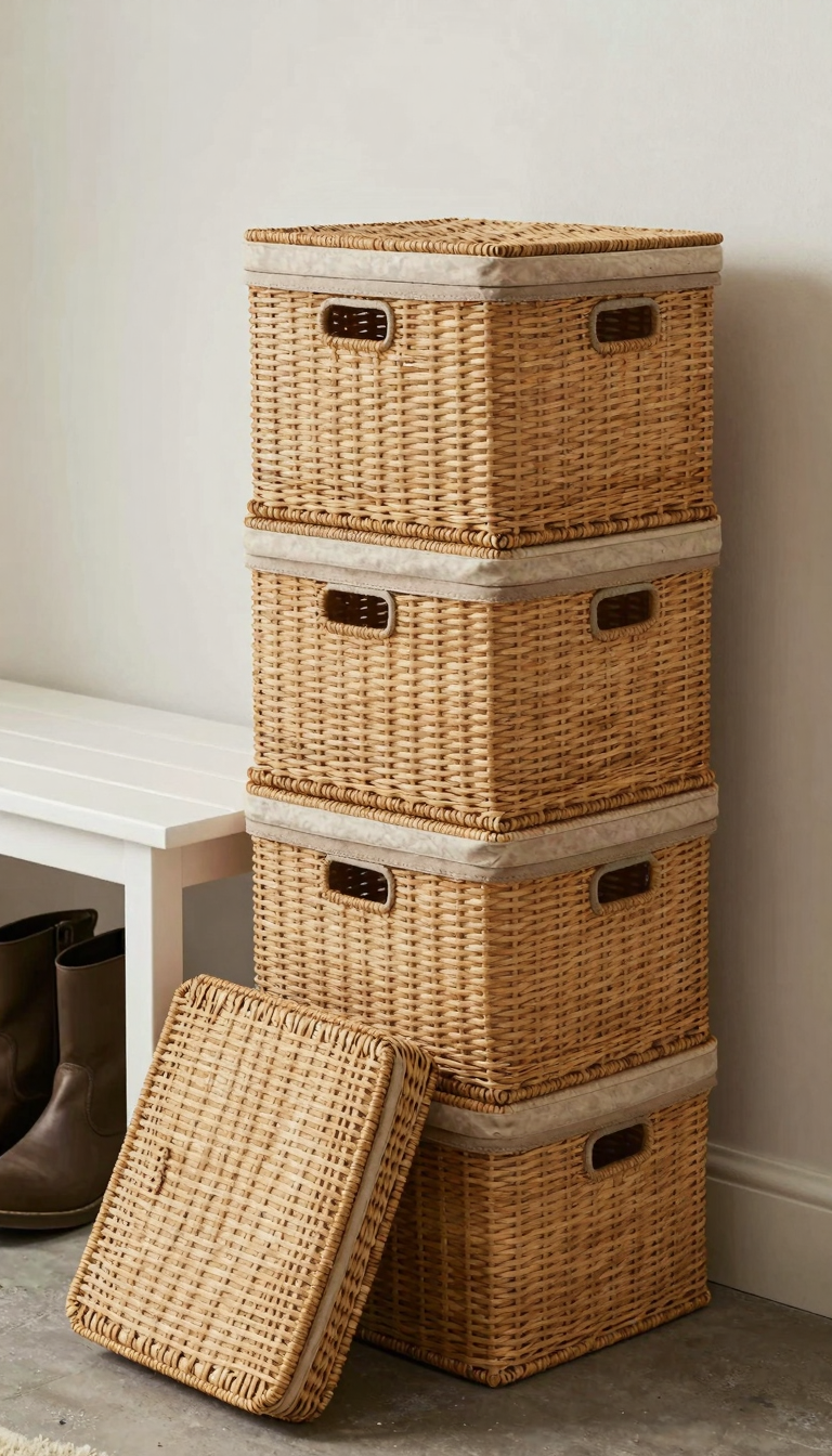 Set of woven storage baskets with lids holding boots under a bench in a mud room