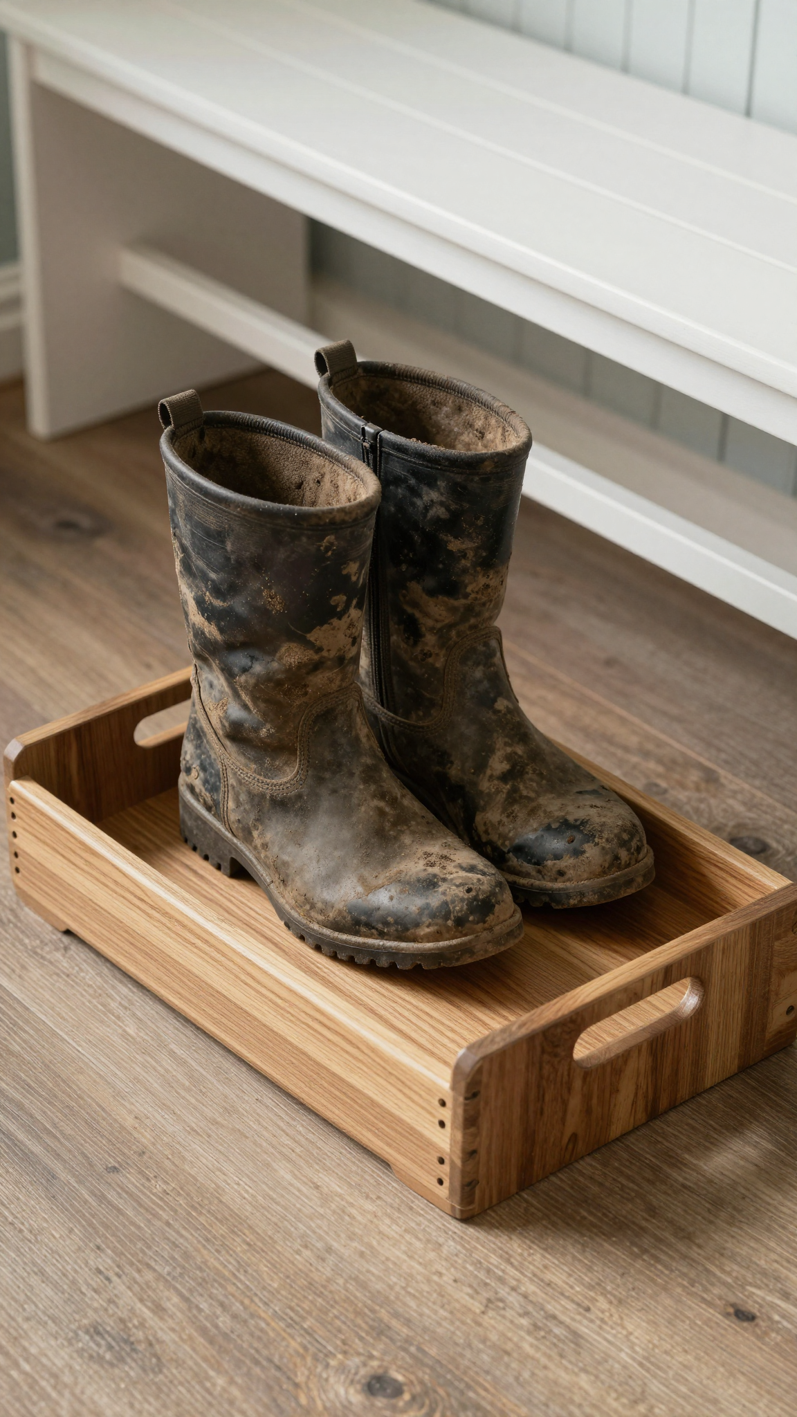 Wood-grain boot tray with drainage holes holding muddy boots in a mud room
