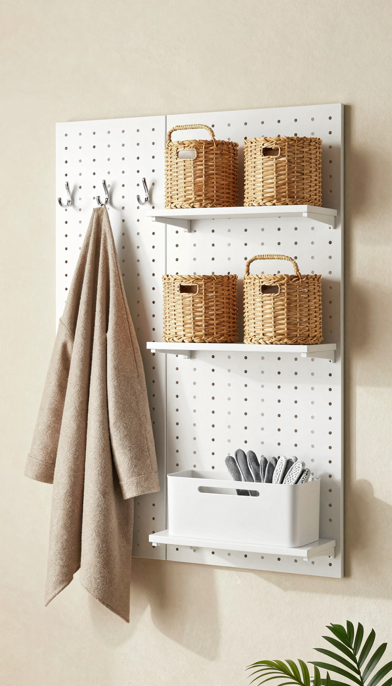 White pegboard organizer holding coats, baskets, and gloves in a mud room