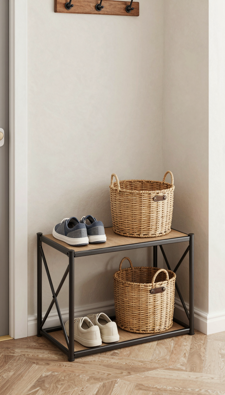 Foldable storage bench holding shoes and a basket in a small mud room