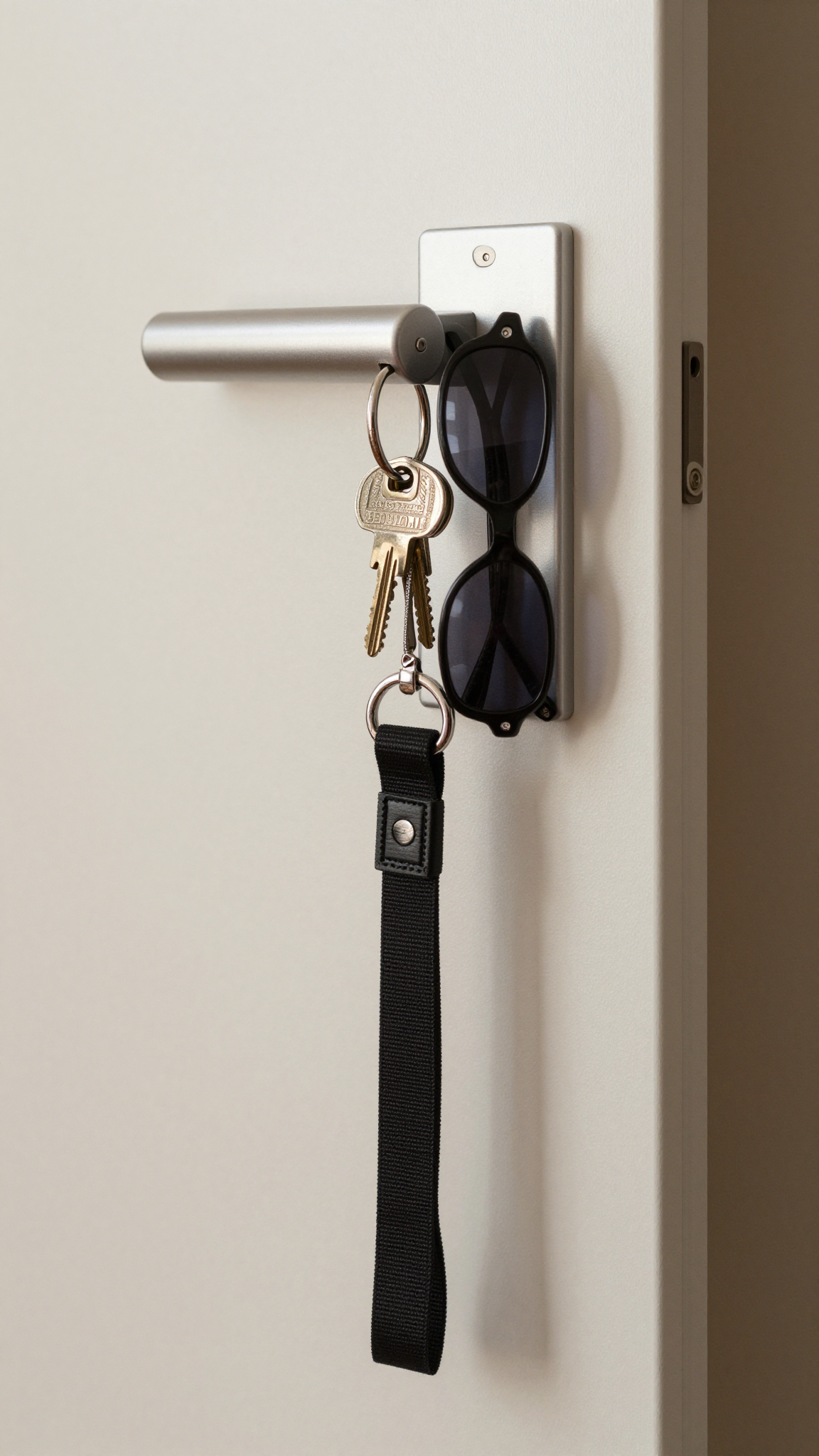 Magnetic strip holding keys and accessories inside a closet door in a mud room